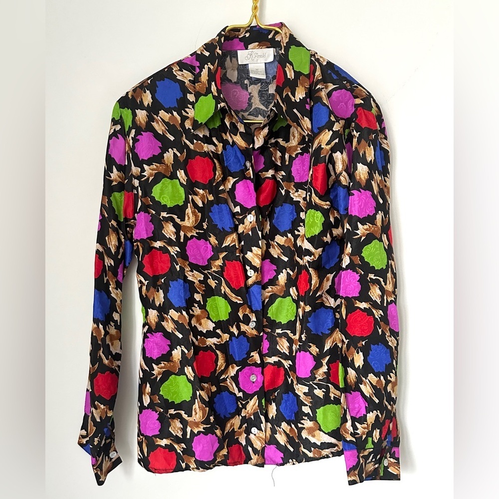 Vintage K. Arnold Colorful 100% Silk Button Front Long Sleeve Top Womens Medium